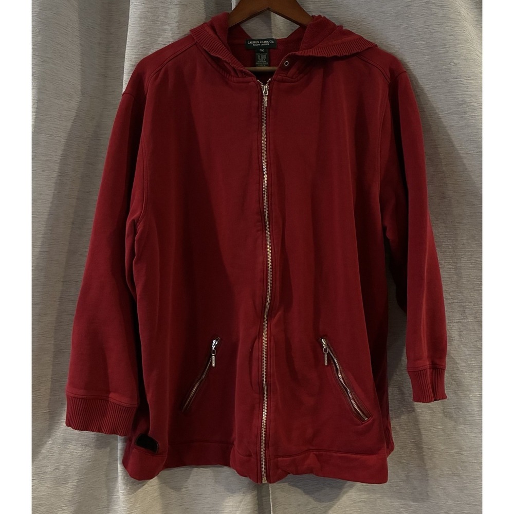 Vintage Lauren Ralph Lauren Red Zip Up Jacket Size 3X Preppy Hooded Cotton